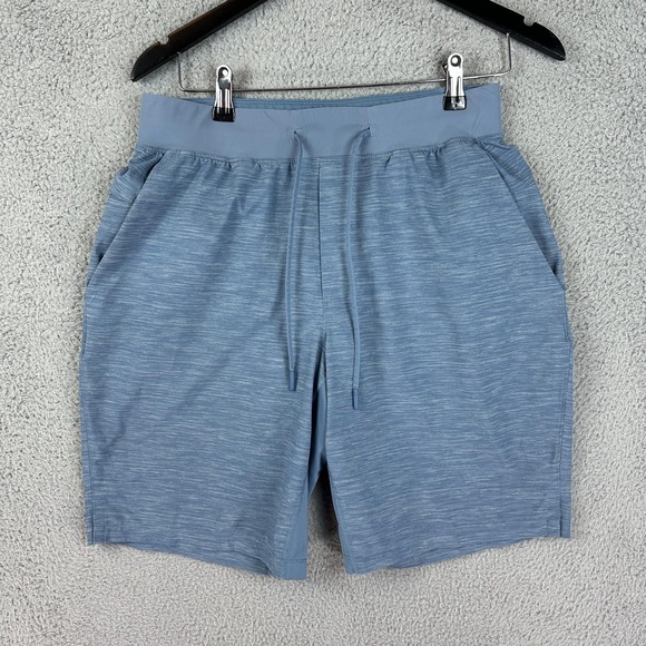 Lululemon Shorts Mens Medium Blue Heather Athletic Knit Drawstring Pockets Rugby - Picture 1 of 8